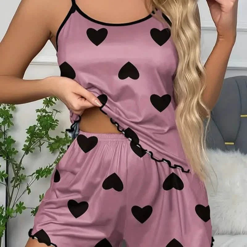 Heart Print Neck Cami Top and Lettuce Trim Shorts Set