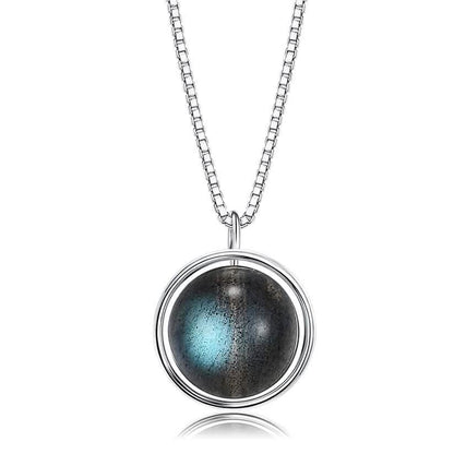 INALIS - 925 Sterling Silver Round Pendant Black Moonstone Necklace