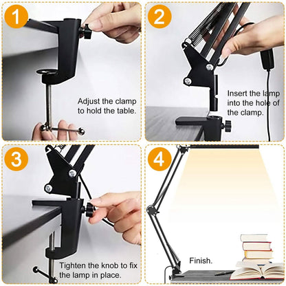 LED Reading Desk Lamp with Clamp Adjustable Swing Arm