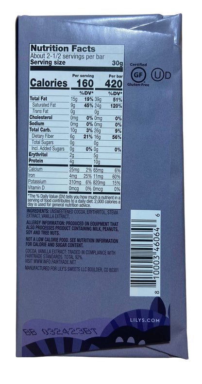 Chocolate Bars, Dark, Stevia Sweetened, Lily's