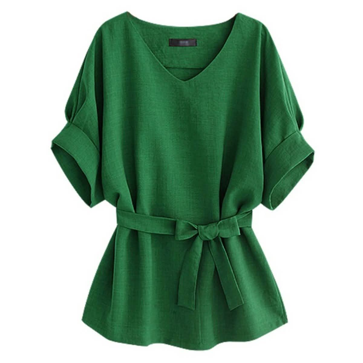 Linen-Blend Loose-Cut Casual Short Sleeve Top with Belt