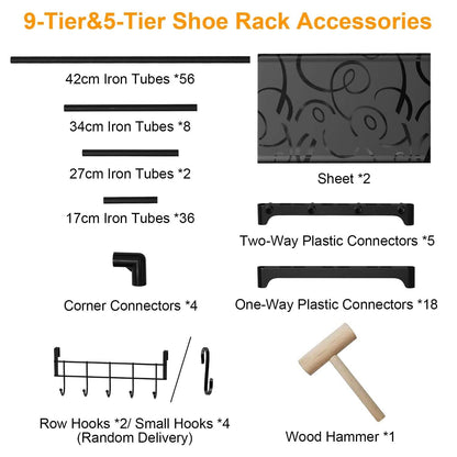 Metal Shoe Storage Shelf Free Standing Shoe Stand with 2 Row Hooks