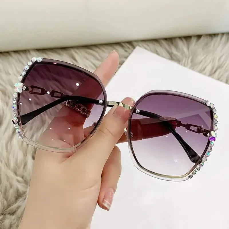 Metal Trimming Oversized Rhinestones Gradient Sun Glasses
