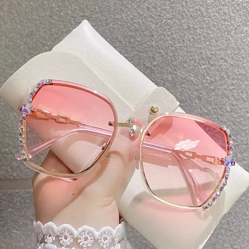 Metal Trimming Oversized Rhinestones Gradient Sun Glasses