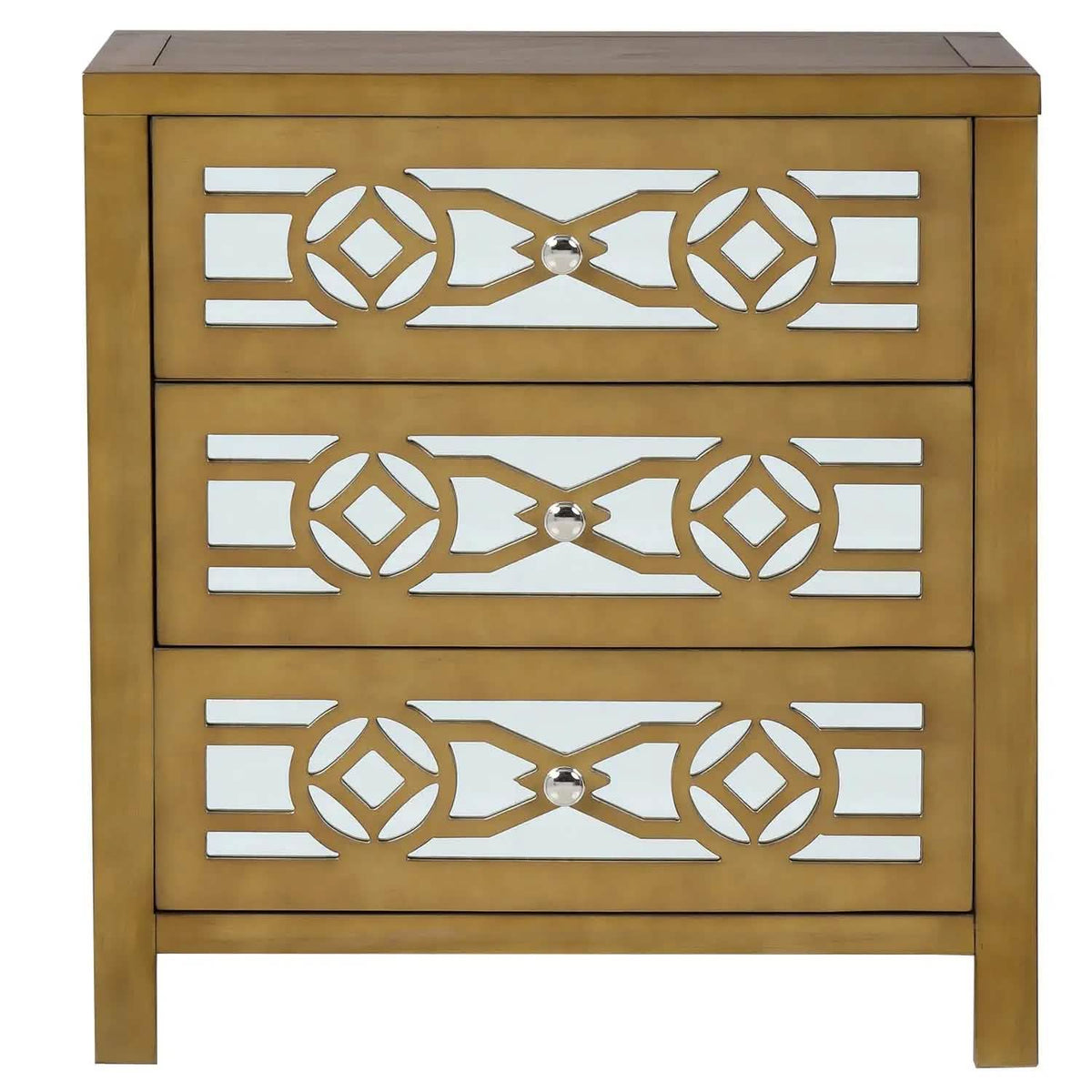 Mirrored Carved Pattern Modern Gold Finish Bedroom Nightstand
