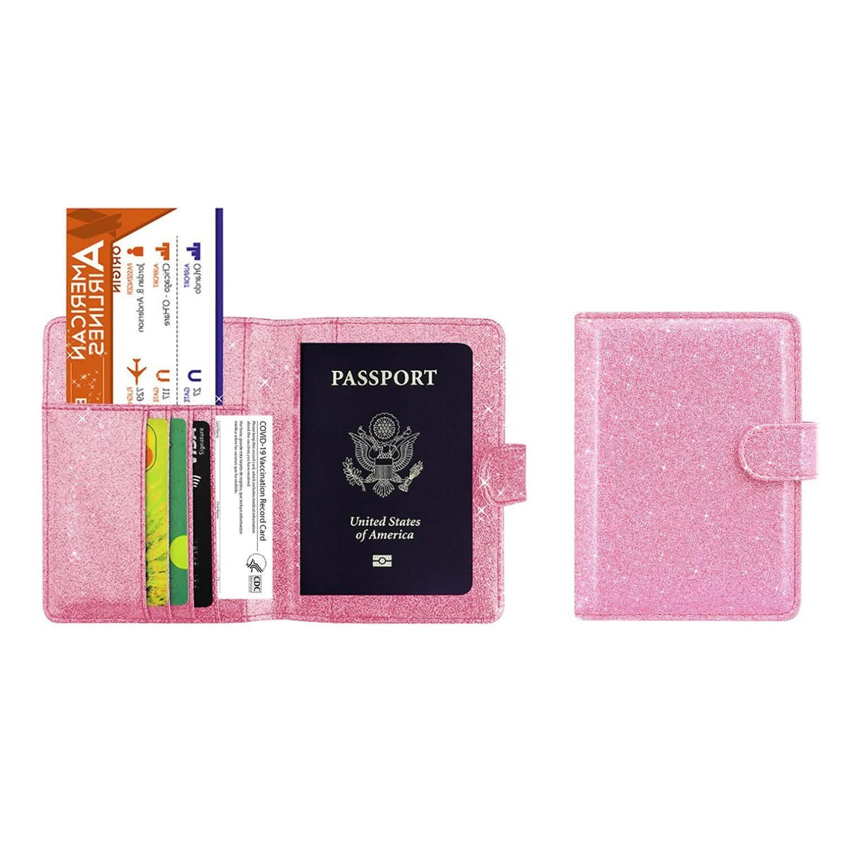Multi Function Glitter Bling RFID Passport Organizer With CDC Vaccination Card Holder