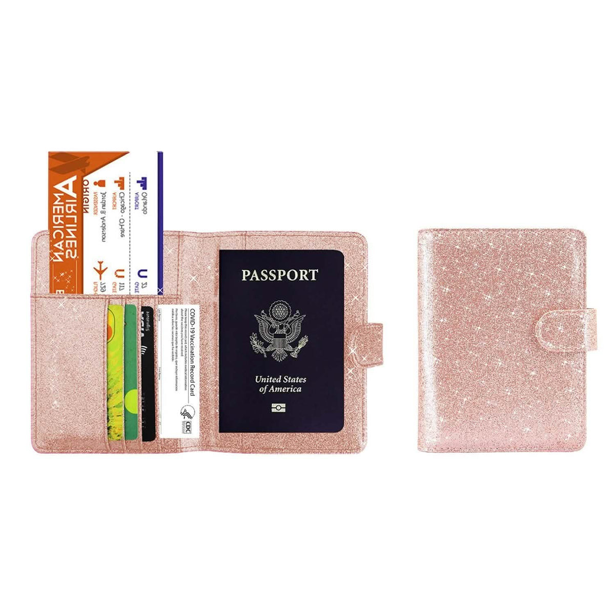Multi Function Glitter Bling RFID Passport Organizer With CDC Vaccination Card Holder