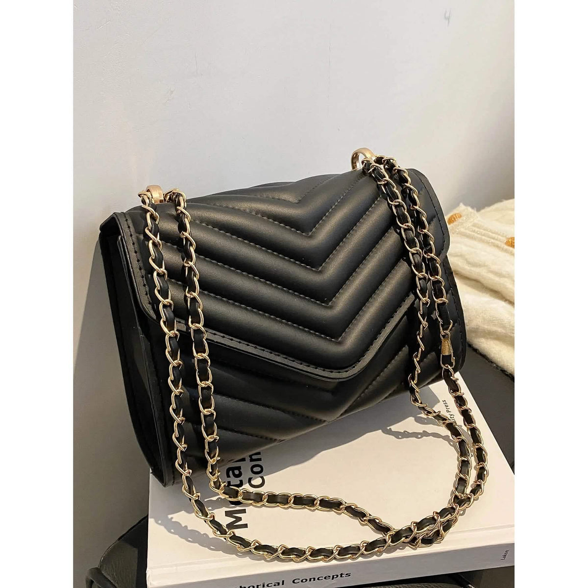 Quilted Pattern Flap Chain Square Bag