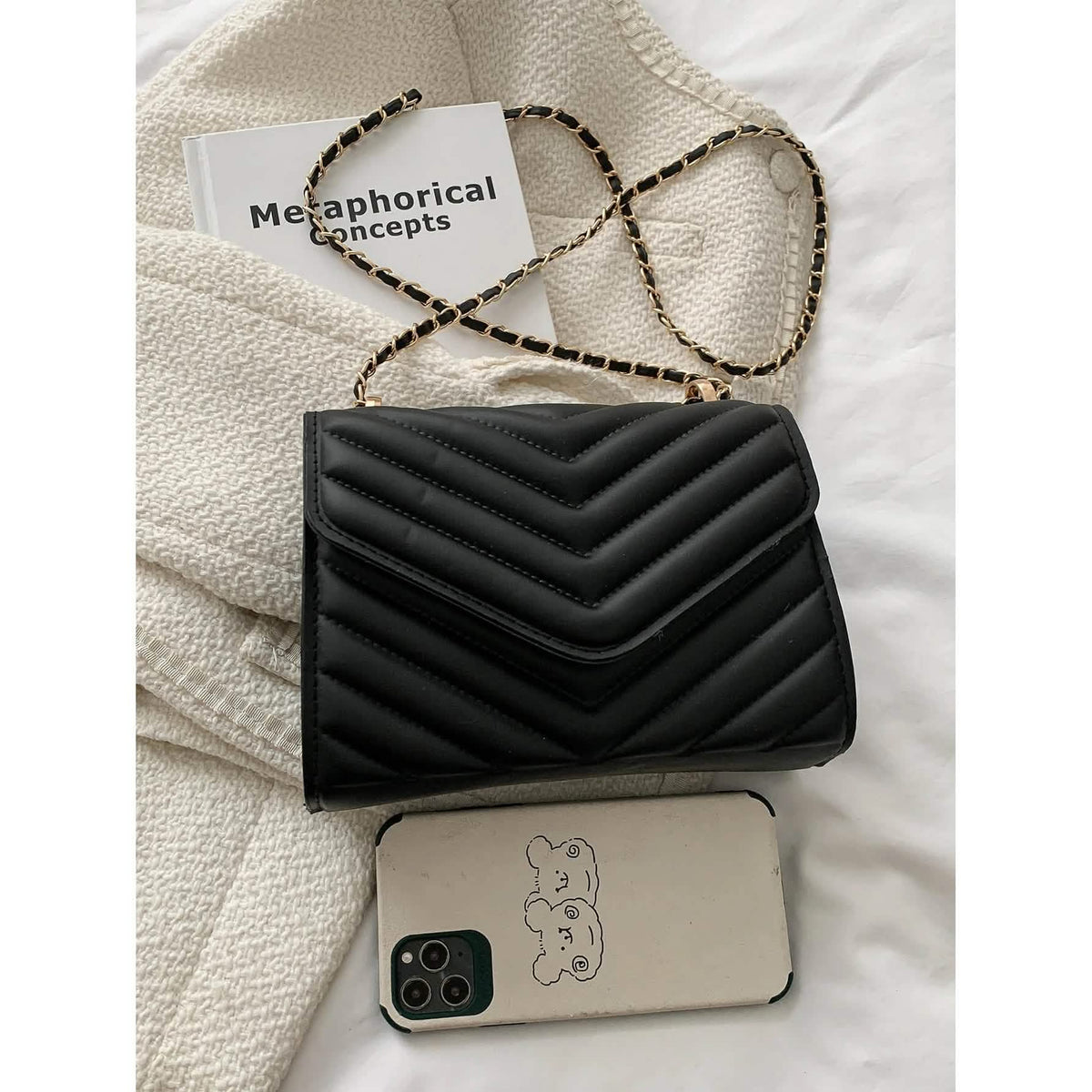 Quilted Pattern Flap Chain Square Bag