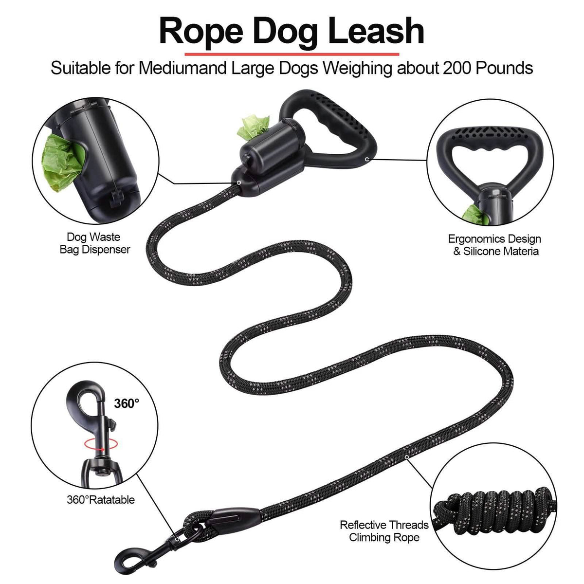 Reflective Durable 2-in-1 Dog Leash 5ft Hands-Free Waste Bag Dispenser