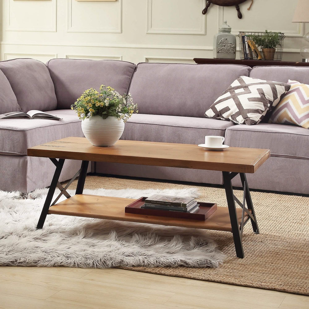 Rustic Coffee Table with Storage & Metal Legs, Brown 43"