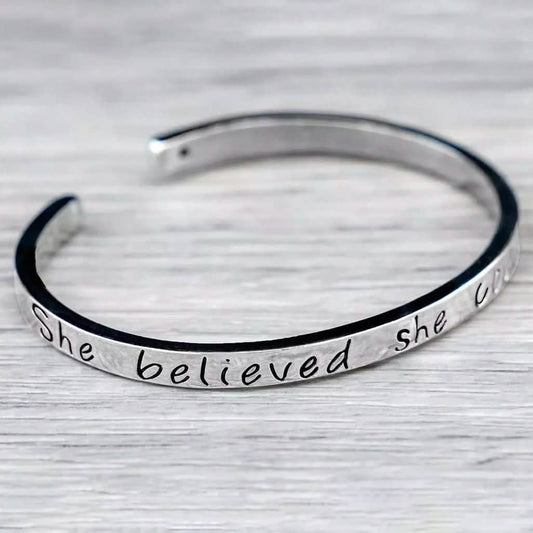"She believed she could so she did" Inspirational Cuff Bracelet