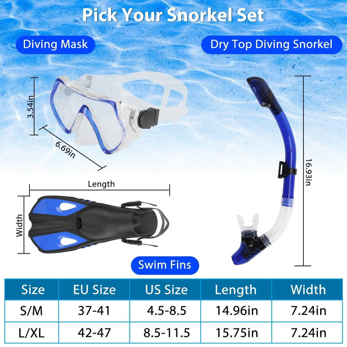 Snorkling Gear Mask Fin Set with Adjustable Swim Fins
