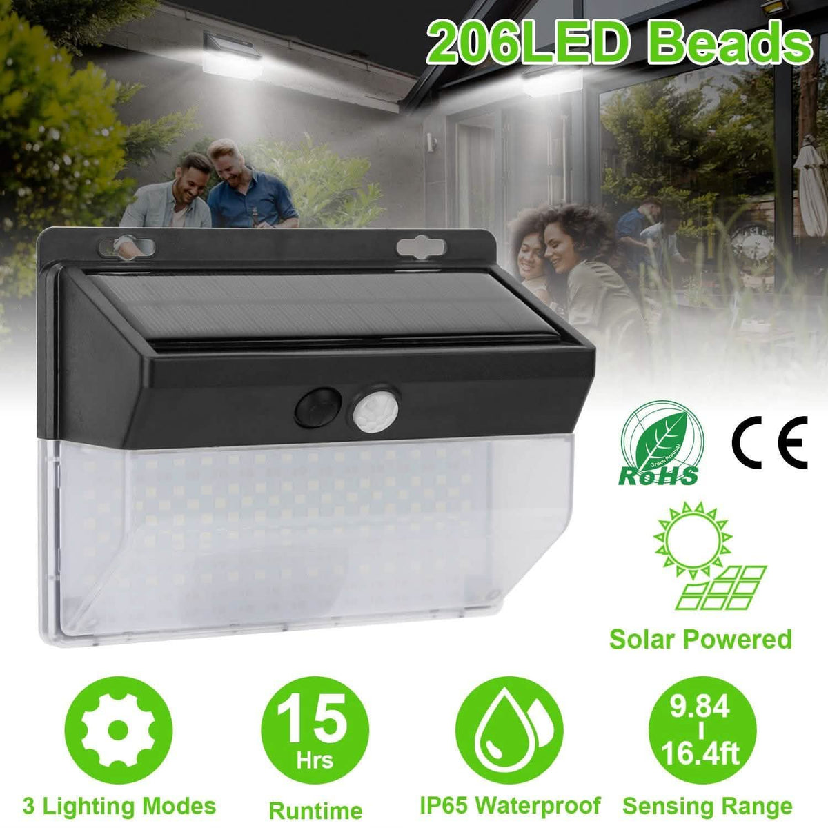Solar Wall Light Outdoor 206 LEDs PIR Motion Sensor Lamp