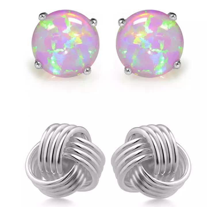 Solid Sterling Silver Love Knot And Pink Opal Earring Set