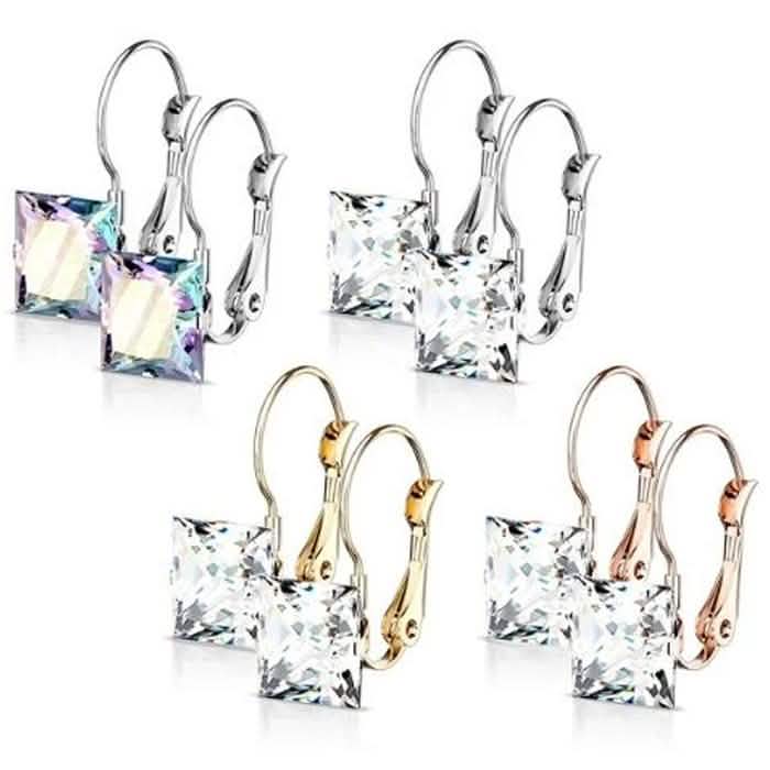Stainless Steel Square CZ Gem Earrings