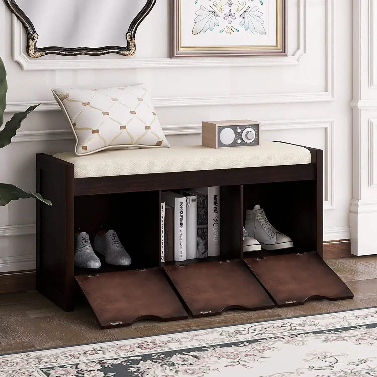 Storage Bench with Removable Cushion and 3 Flip Lock Storage Cubbies