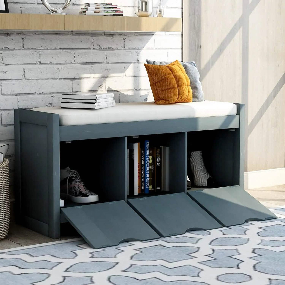 Storage Bench with Removable Cushion and 3 Flip Lock Storage Cubbies