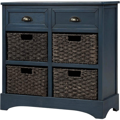 Storage Cabinet with 2 Drawers and 4 Rattan Baskets