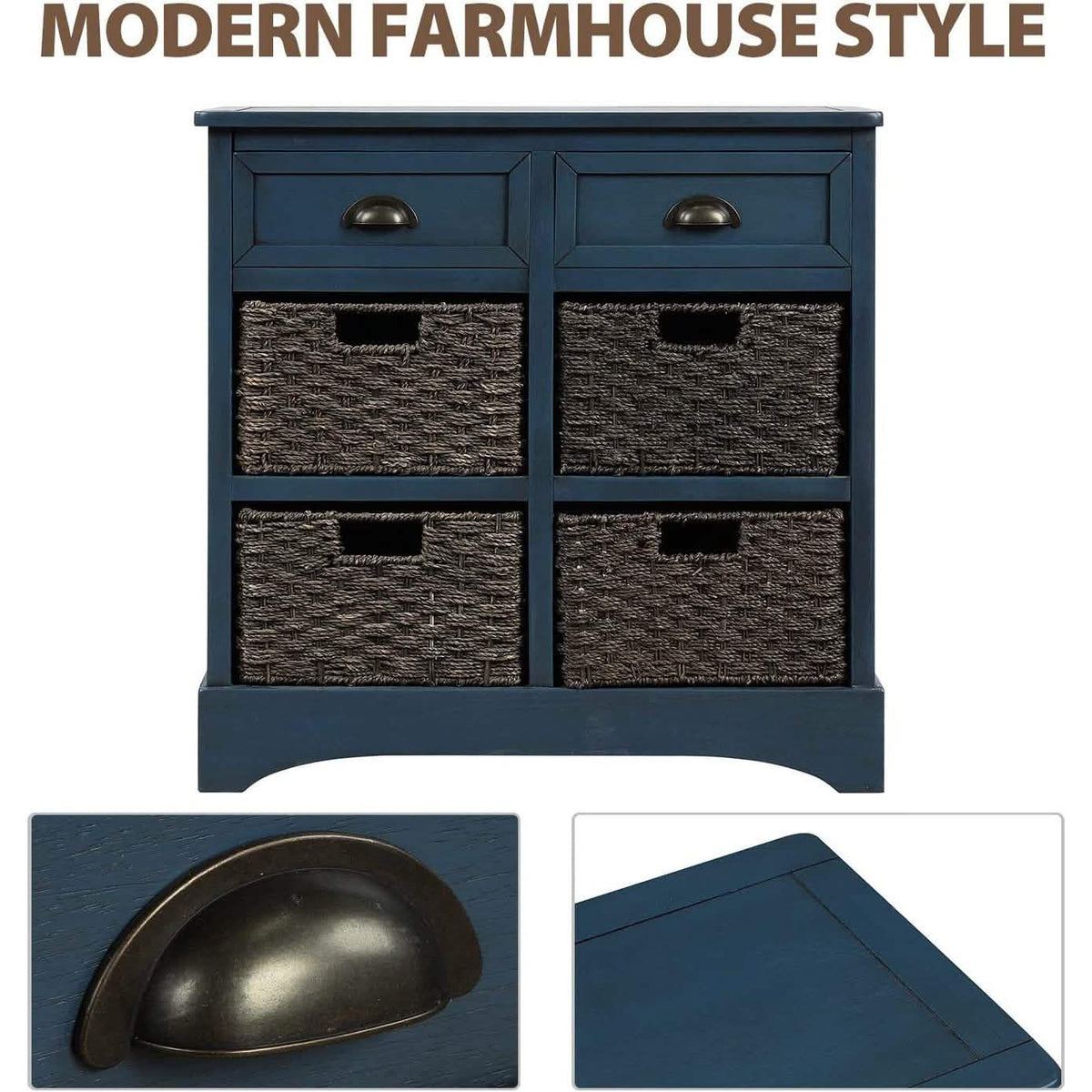 Storage Cabinet with 2 Drawers and 4 Rattan Baskets