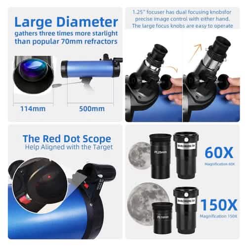 Telescope for Beginner 114mm Aperture 500mm AZ Mount Astronomical Reflector