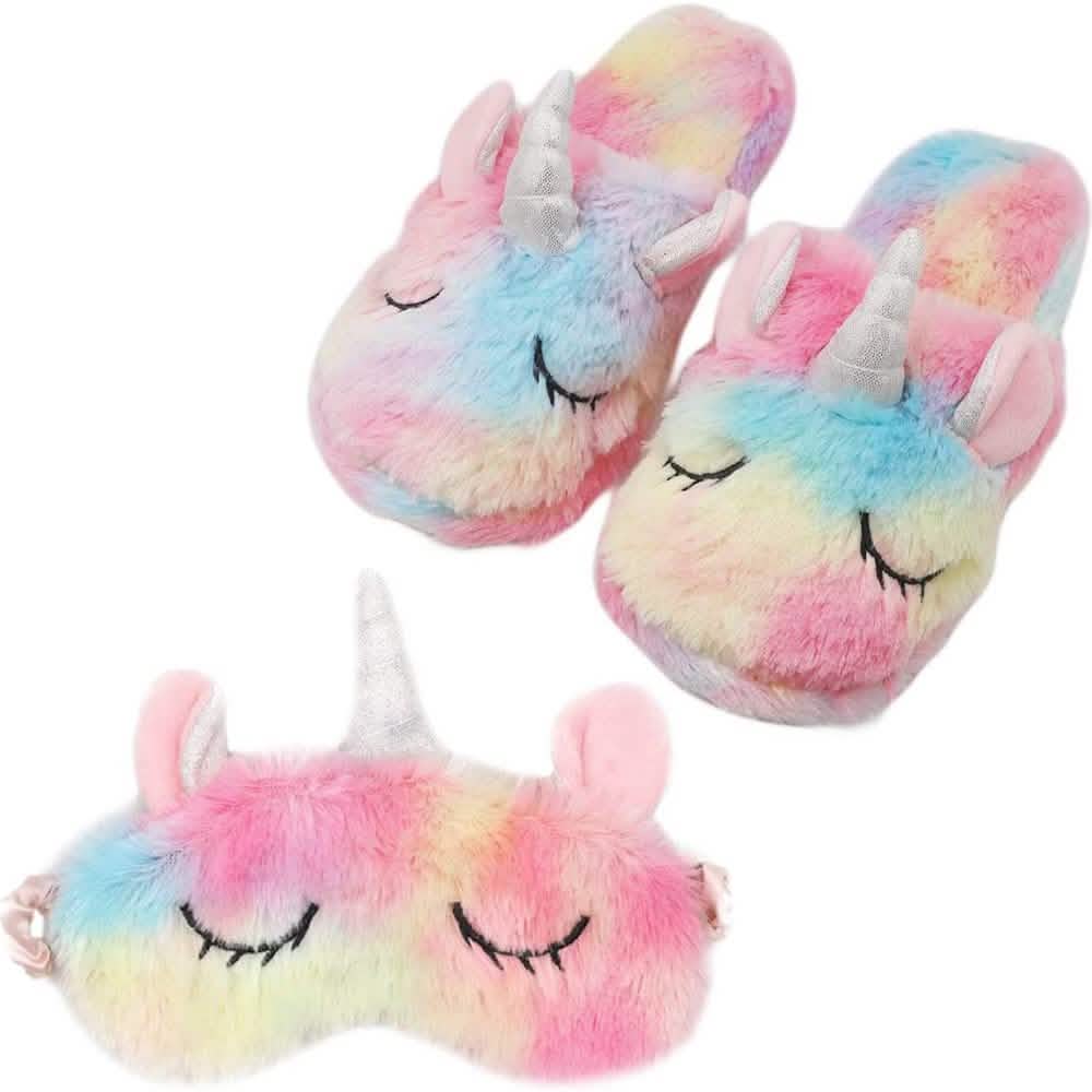 Unicorn Plush Slippers and Eye Mask Set