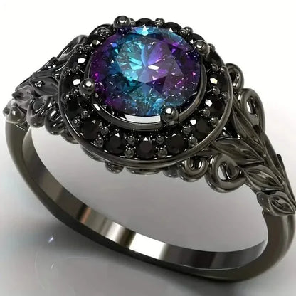 Vintage Gothic Style Synthetic Rainbow Stone Ring with Imitation Black Zirconia
