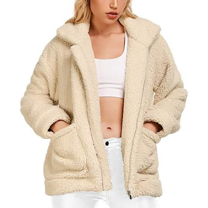 Women's Casual Lapel Fleece Fuzzy Faux Shearling Zipper Coat
