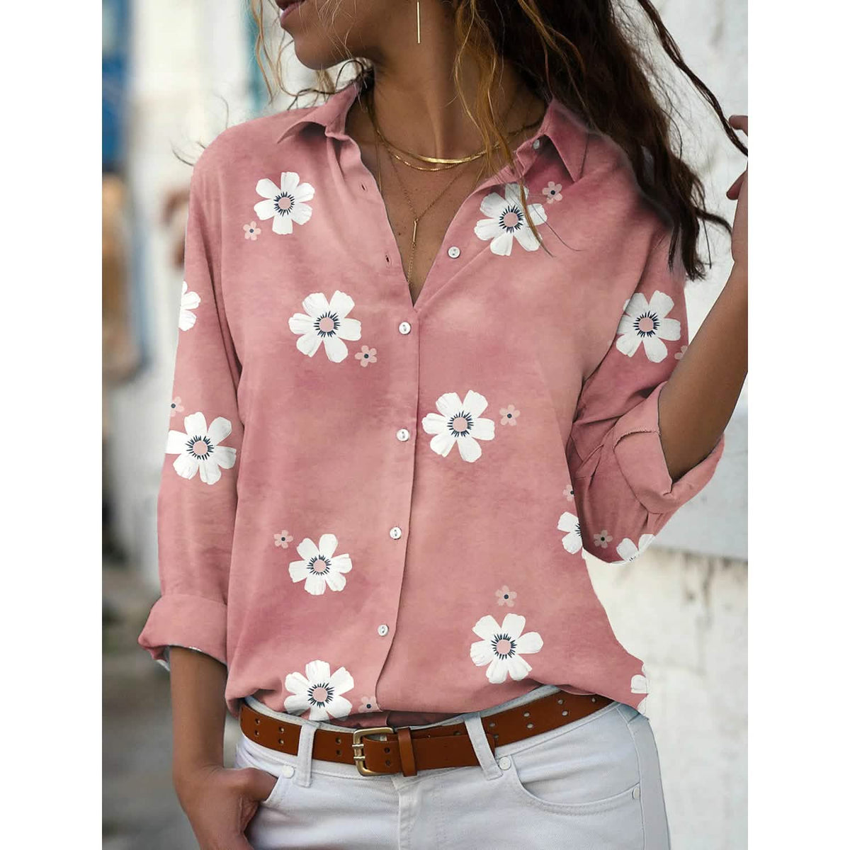 Women's Floral Button Themed Shirt Top