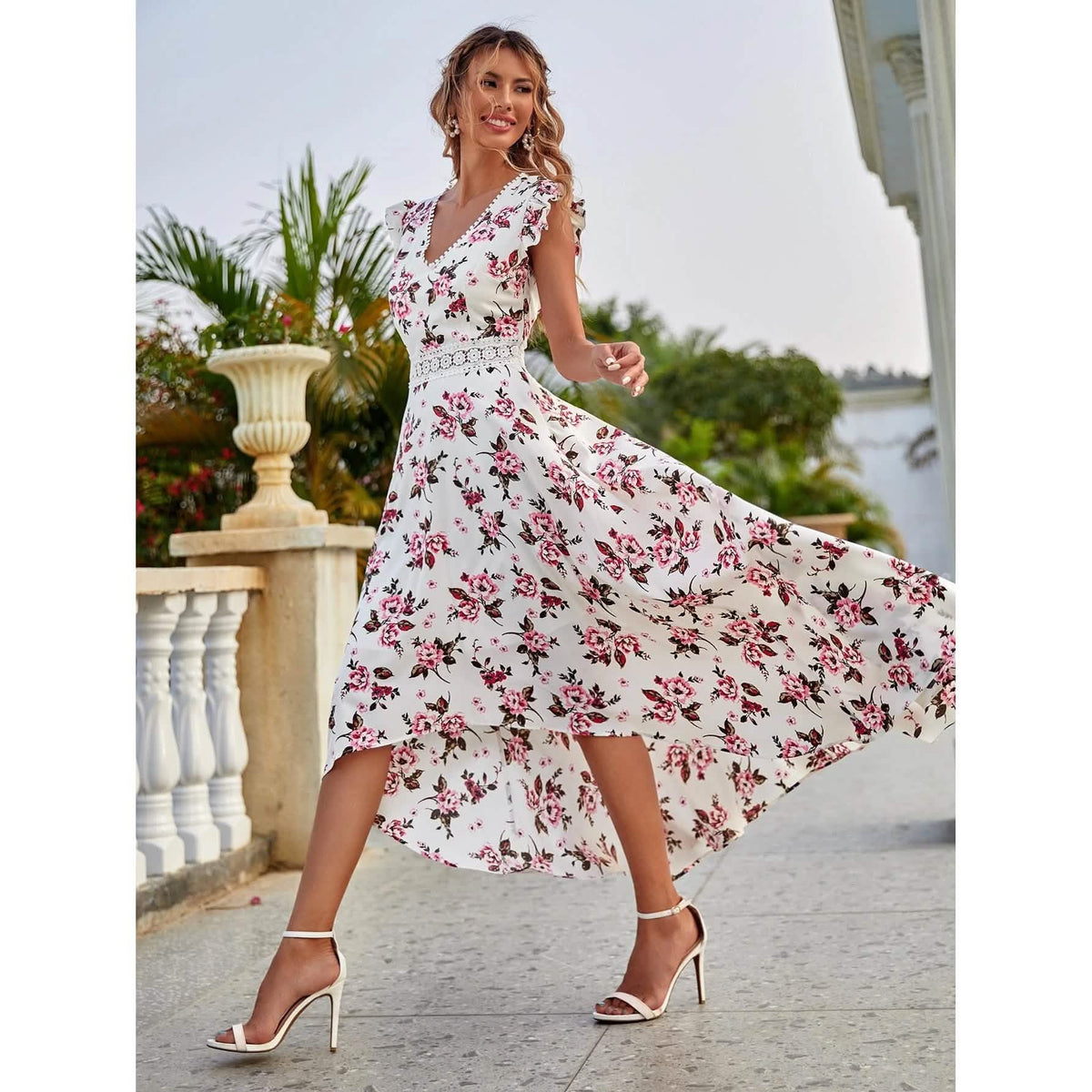 Women's Full Body Floral Print High Low Hem A-Line Dress