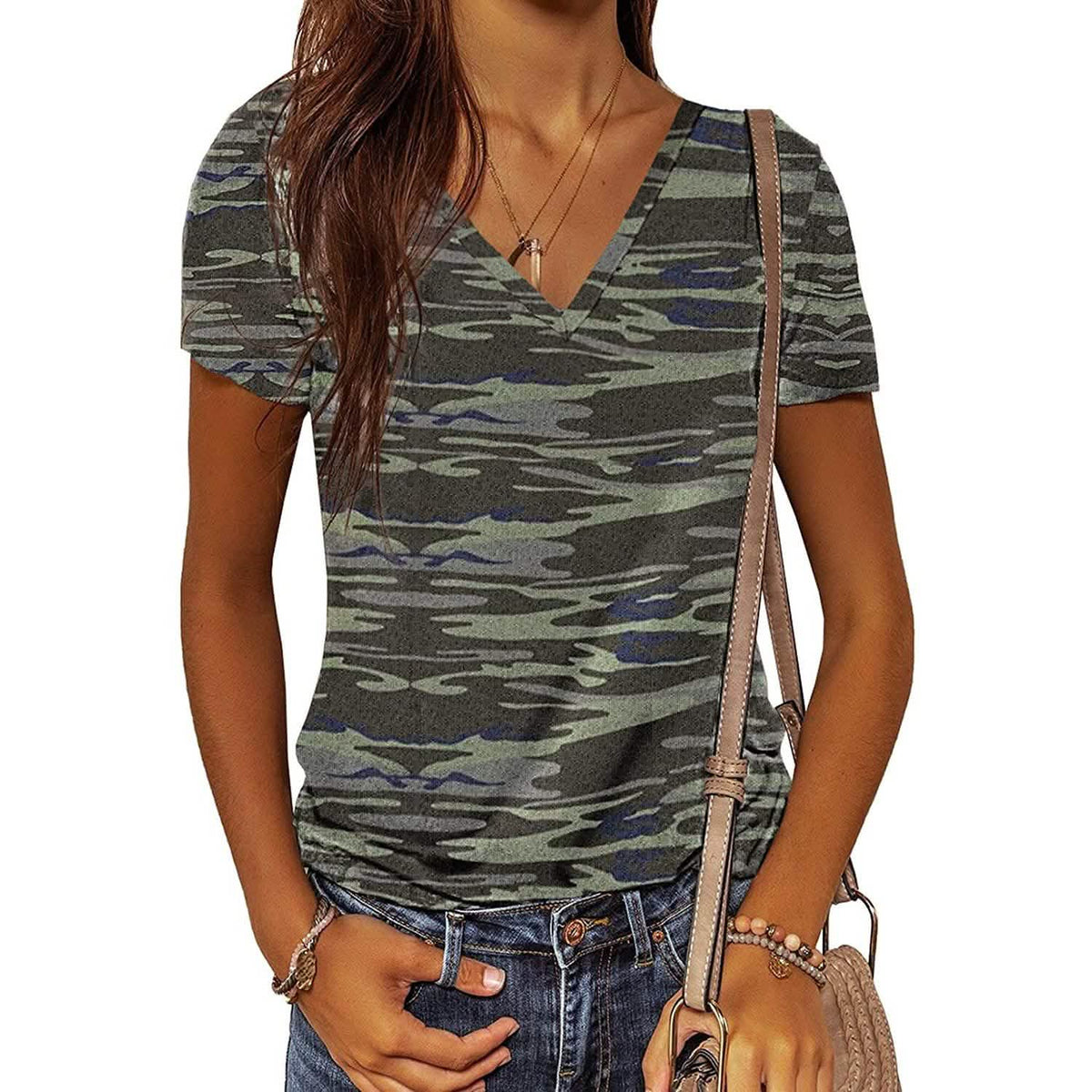 Women's Summer Camo V Neck Short Sleeve Tee Shirts Casual Loose Blouse Tops