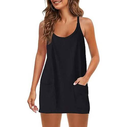 Womens Summer Sleeveless Mini Dress V Neck Spaghetti Strap with Pockets