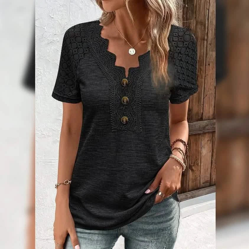Women's T-Shirt Plain Lace Button Short Sleeve