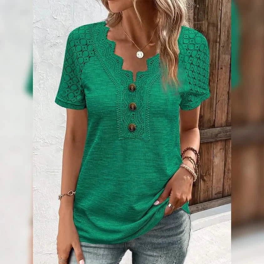 Women's T-Shirt Plain Lace Button Short Sleeve