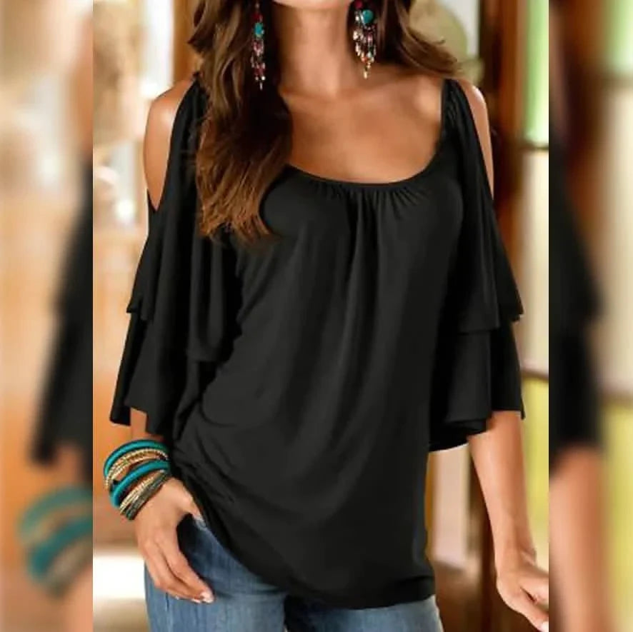 Women's T-Shirt Plain Ruffle Cold Shoulder Short Sleeve