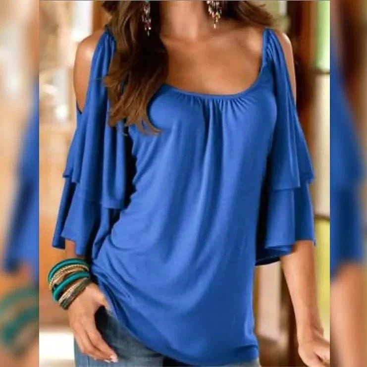Women's T-Shirt Plain Ruffle Cold Shoulder Short Sleeve