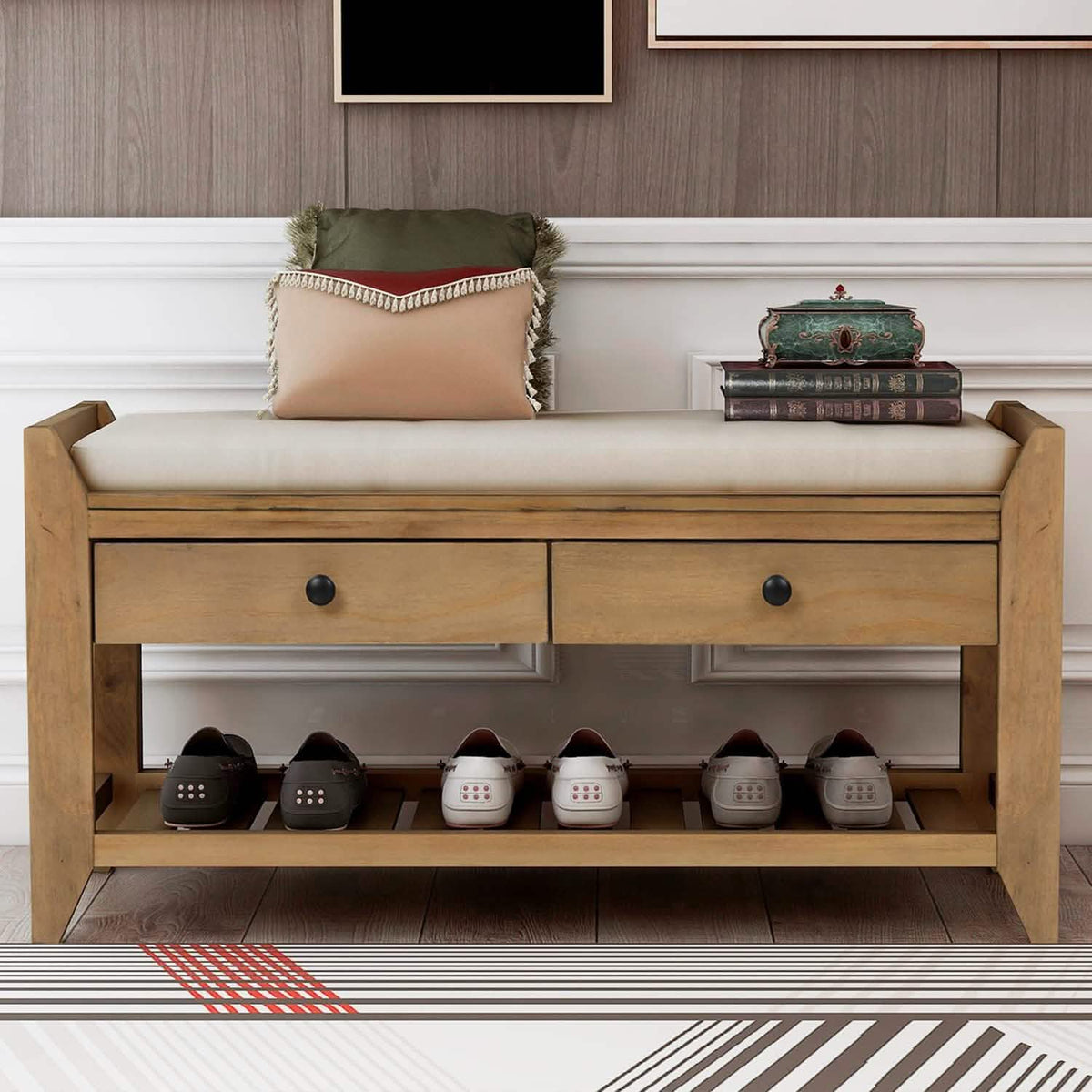Wood Storage Bench with 2 Drawer Shoe Rack