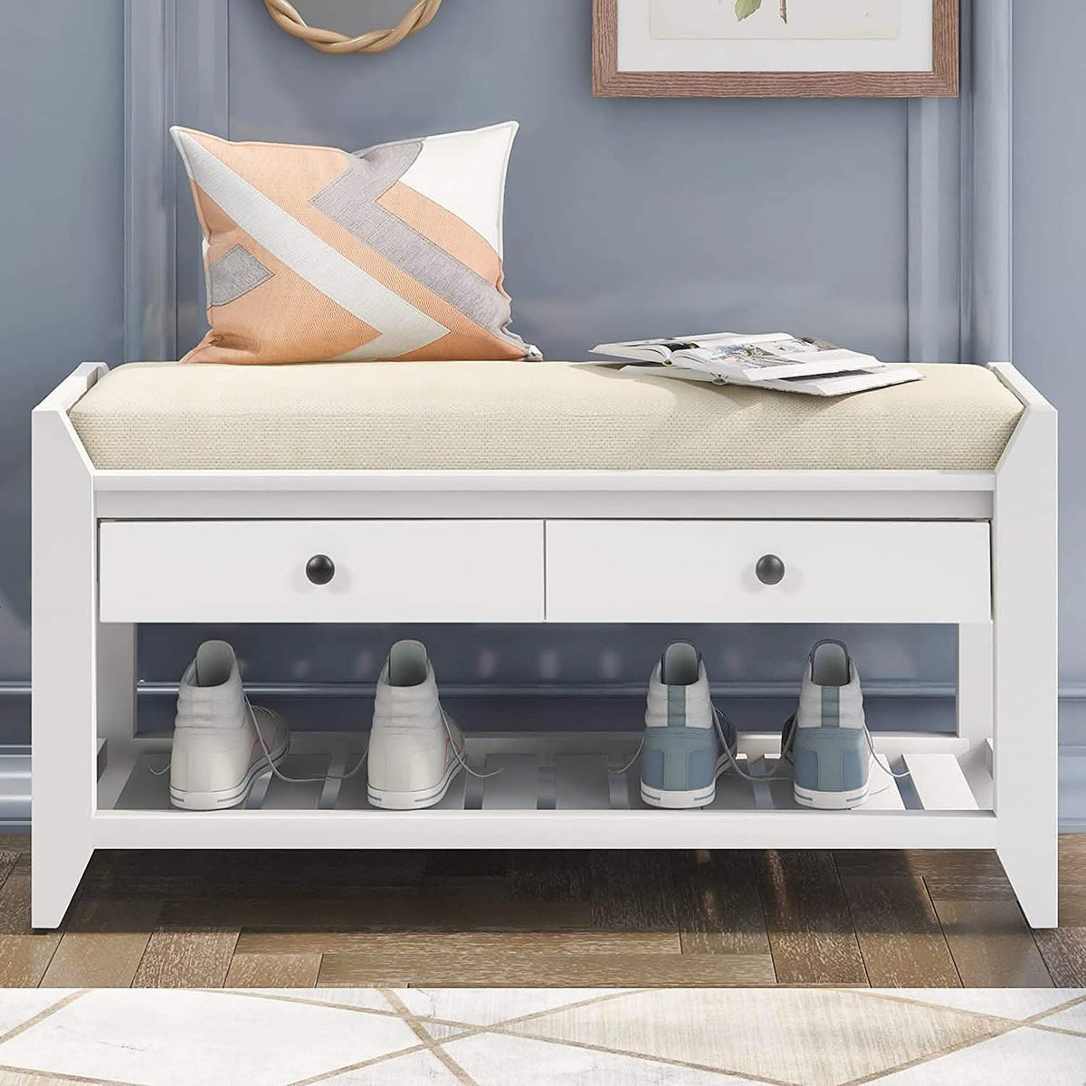 Wood Storage Bench with 2 Drawer Shoe Rack