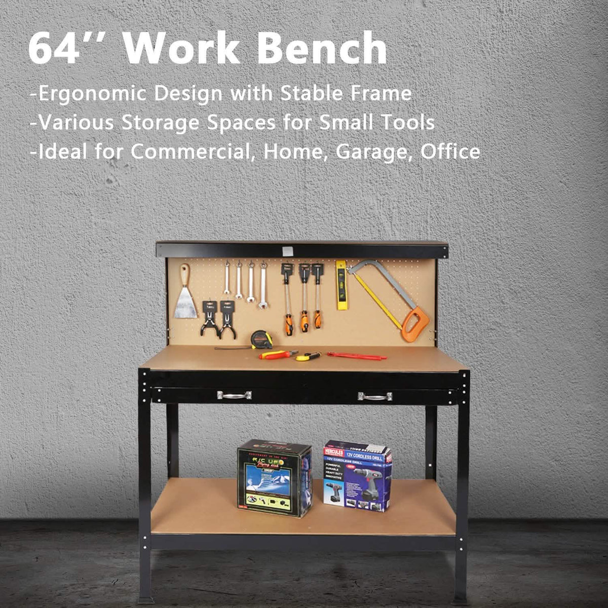 Work Benches for Garage Shop Work Station Tools Table with Peg Board and Drawers